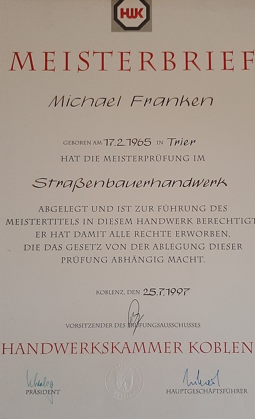 Meisterbrief Michael Franken